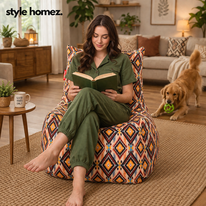 Style Homez Classic Cotton Canvas Chair Bean Bag, Geometric Printed XXXL Size Filled with Beans Fillers
