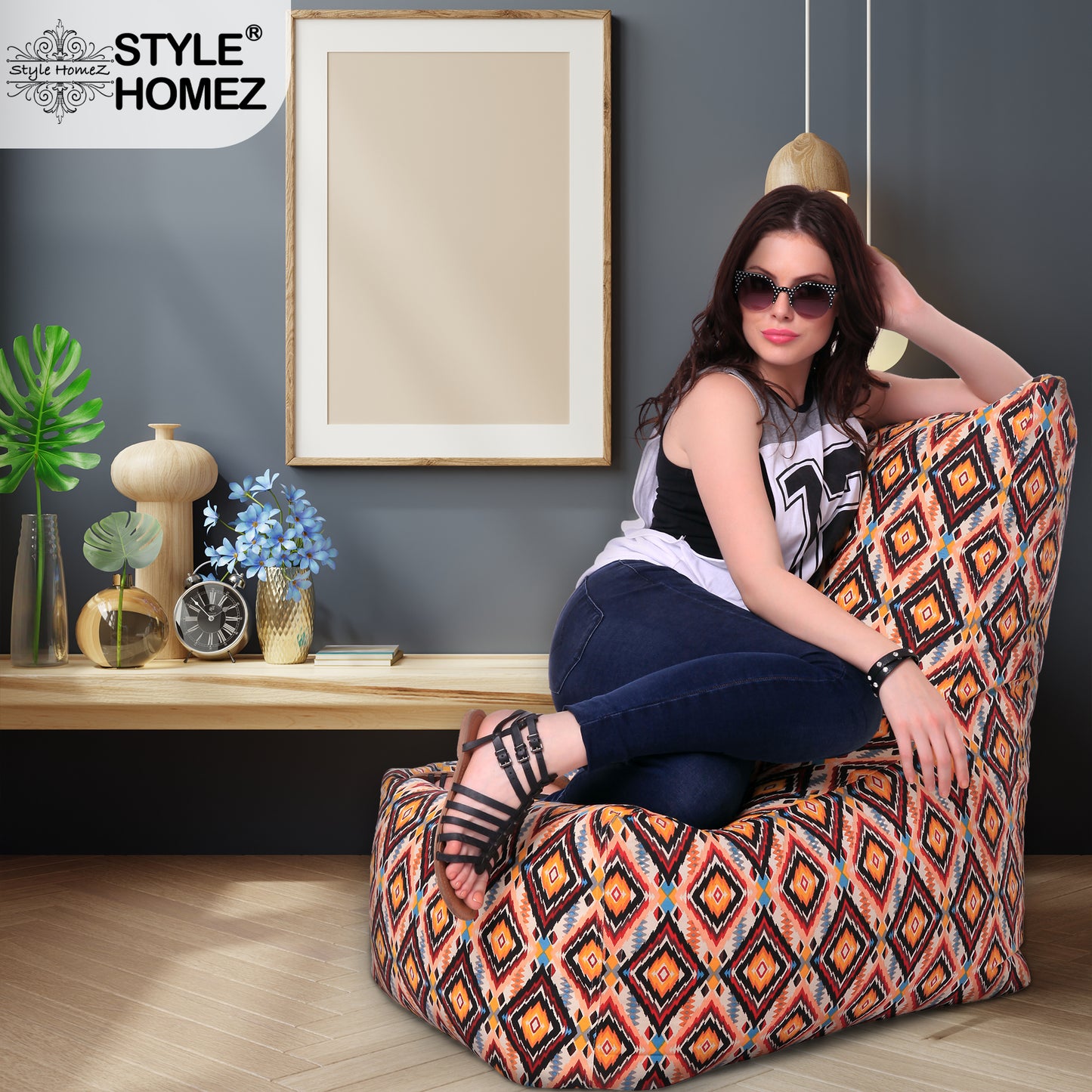 Style Homez Classic Cotton Canvas Chair Bean Bag, Geometric Printed XXXL Size Filled with Beans Fillers