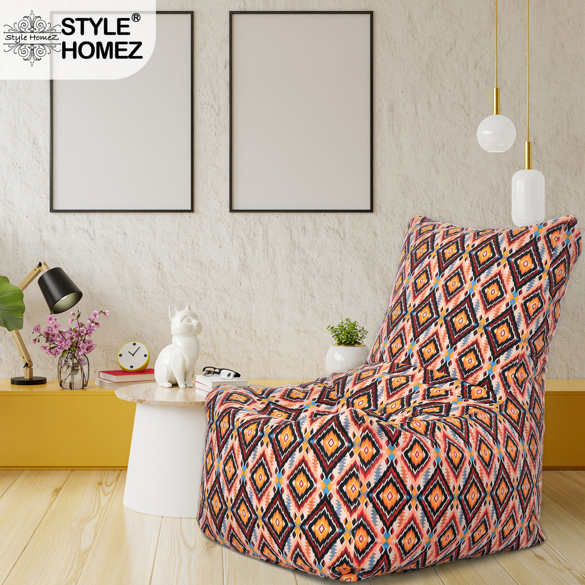Style Homez Classic Cotton Canvas Chair Bean Bag, Geometric Printed XXXL Size Filled with Beans Fillers