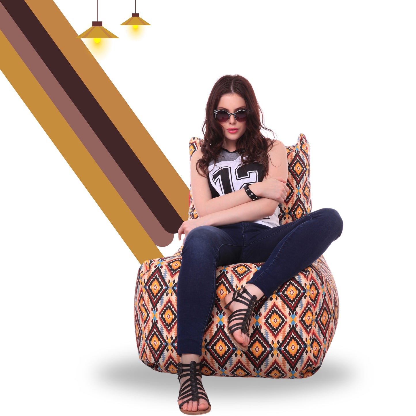 Style Homez Classic Cotton Canvas Chair Bean Bag, Geometric Printed XXXL Size Filled with Beans Fillers
