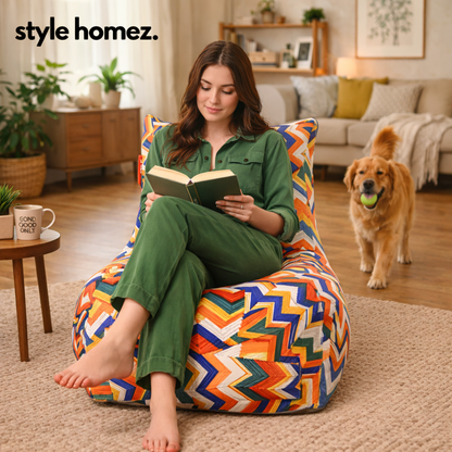 Style Homez Classic Cotton Canvas Chair Bean Bag, Geometric Printed XXXL Size Filled with Beans Fillers