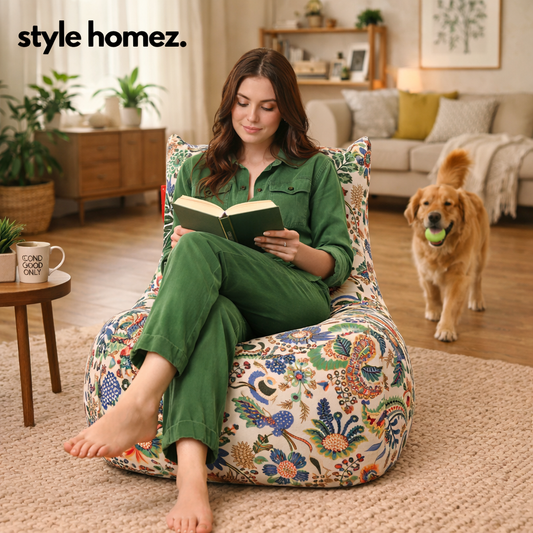 Style Homez Classic Cotton Canvas Chair Bean Bag, Floral Printed XXXL Size Filled with Beans Fillers