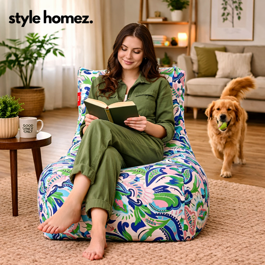 Style Homez Classic Cotton Canvas Chair Bean Bag, Floral Printed XXXL Size Filled with Beans Fillers