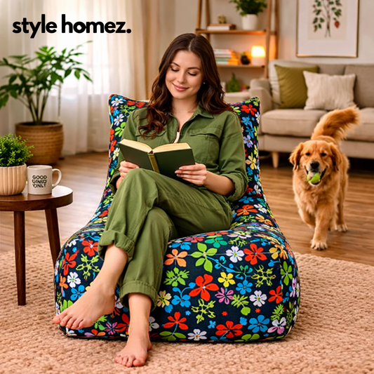 Style Homez Classic Cotton Canvas Chair Bean Bag, Floral Printed XXXL Size Filled with Beans Fillers