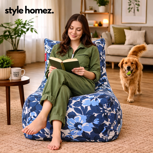 Style Homez Classic Cotton Canvas Chair Bean Bag, Floral Printed XXXL Size Filled with Beans Fillers