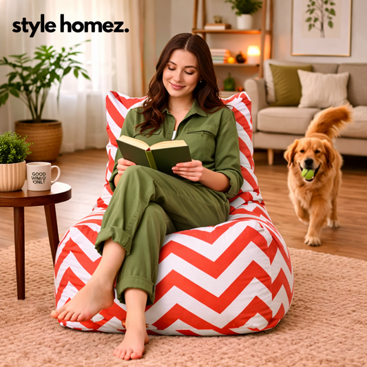 Style Homez Classic Cotton Canvas Chair Bean Bag, Stripes Printed XXXL Size Filled with Beans Fillers