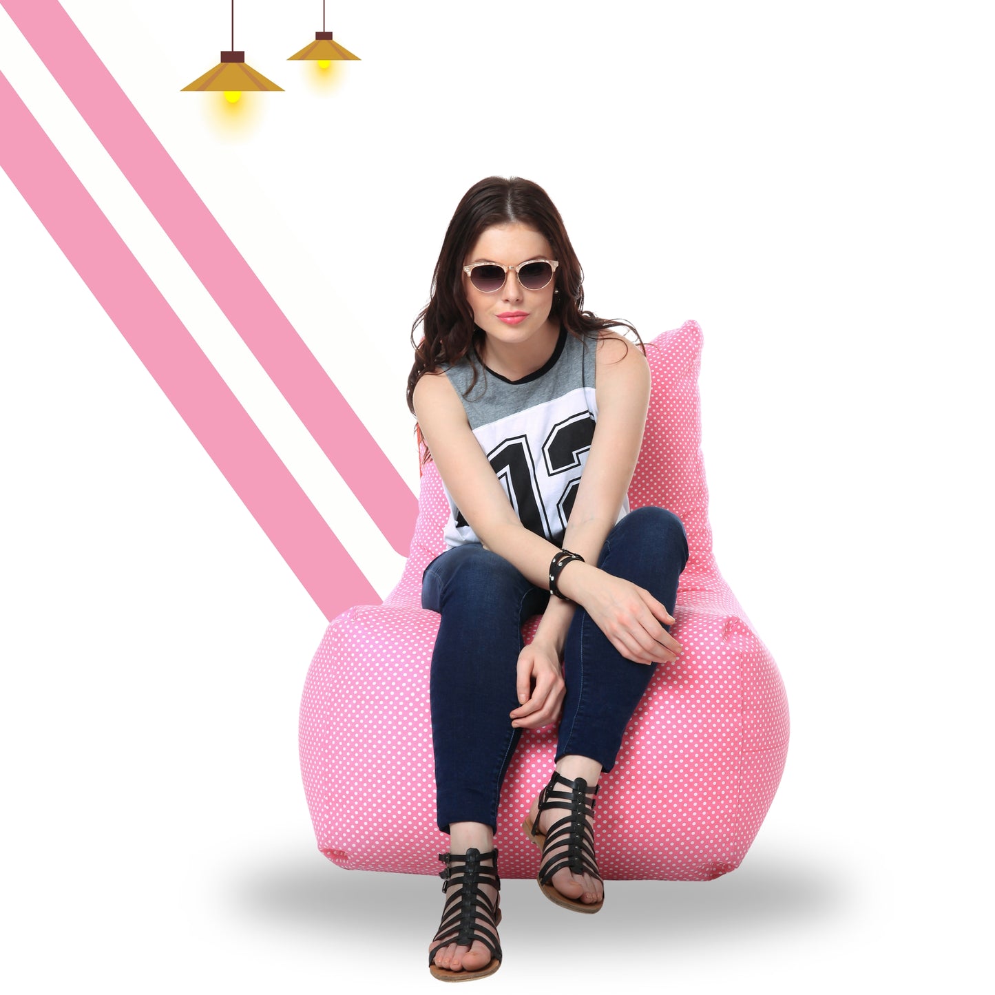 Style Homez Classic Cotton Canvas Chair Bean Bag, Polka Dots Printed XXXL Size Filled with Beans Fillers