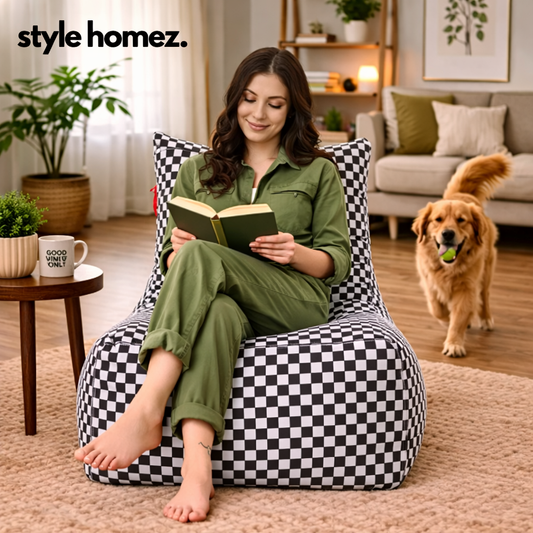Style Homez Classic Cotton Canvas Chair Bean Bag, Checkered Printed XXXL Size Filled with Beans Fillers