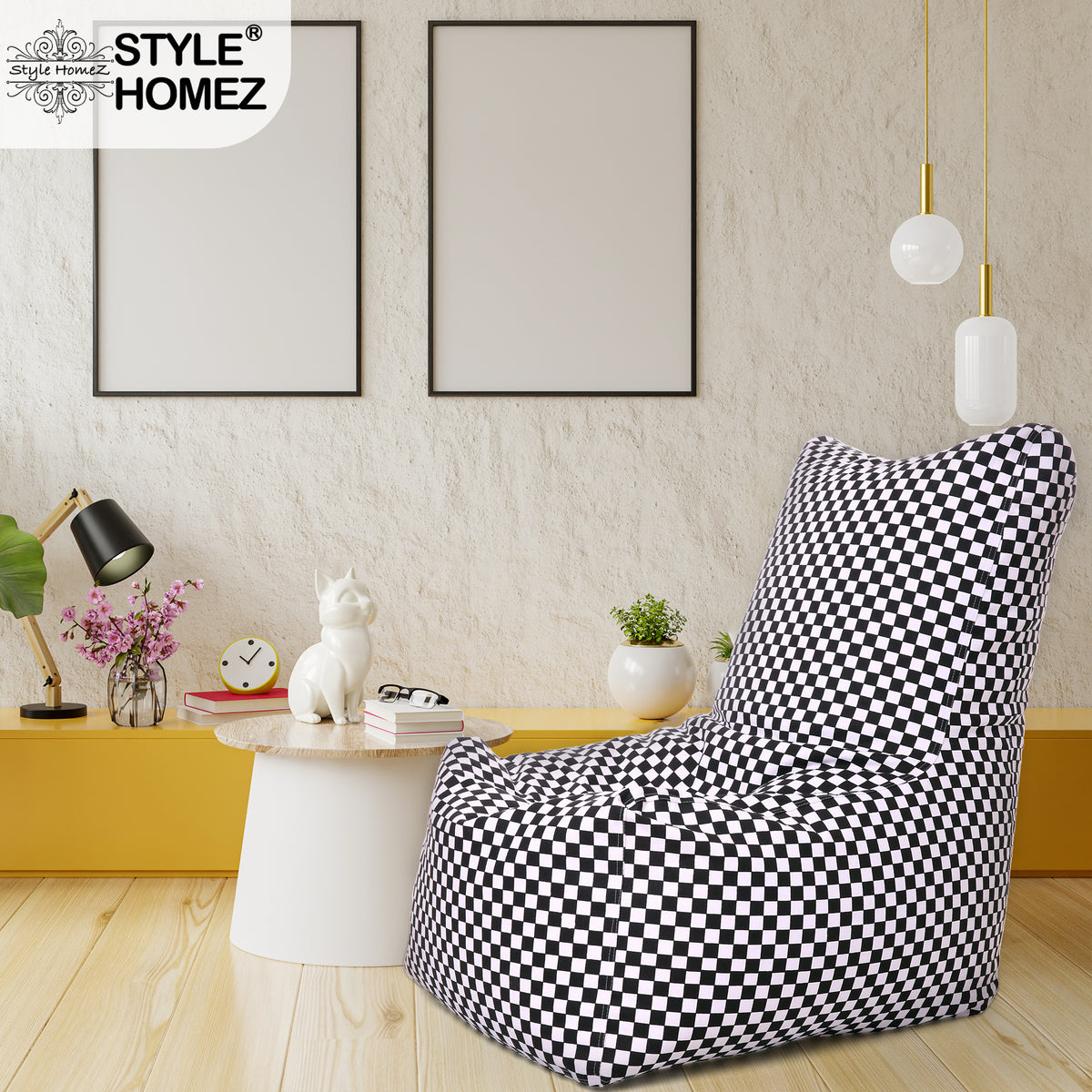 Style Homez Classic Cotton Canvas Chair Bean Bag, Checkered Printed XXXL Size Filled with Beans Fillers