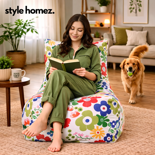 Style Homez Classic Cotton Canvas Chair Bean Bag, Floral Printed XXXL Size Filled with Beans Fillers