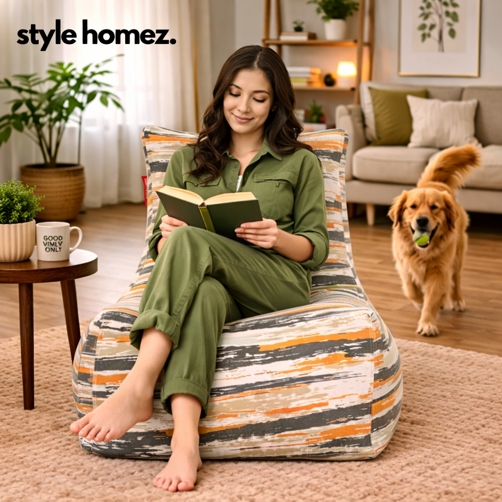 Style Homez Classic Cotton Canvas Chair Bean Bag, Stripes Printed XXXL Size Filled with Beans Fillers