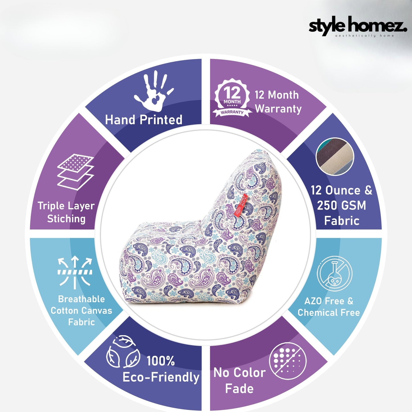 Style Homez Classic Cotton Canvas Chair Bean Bag, Paisley Printed XXXL Size Filled with Beans Fillers