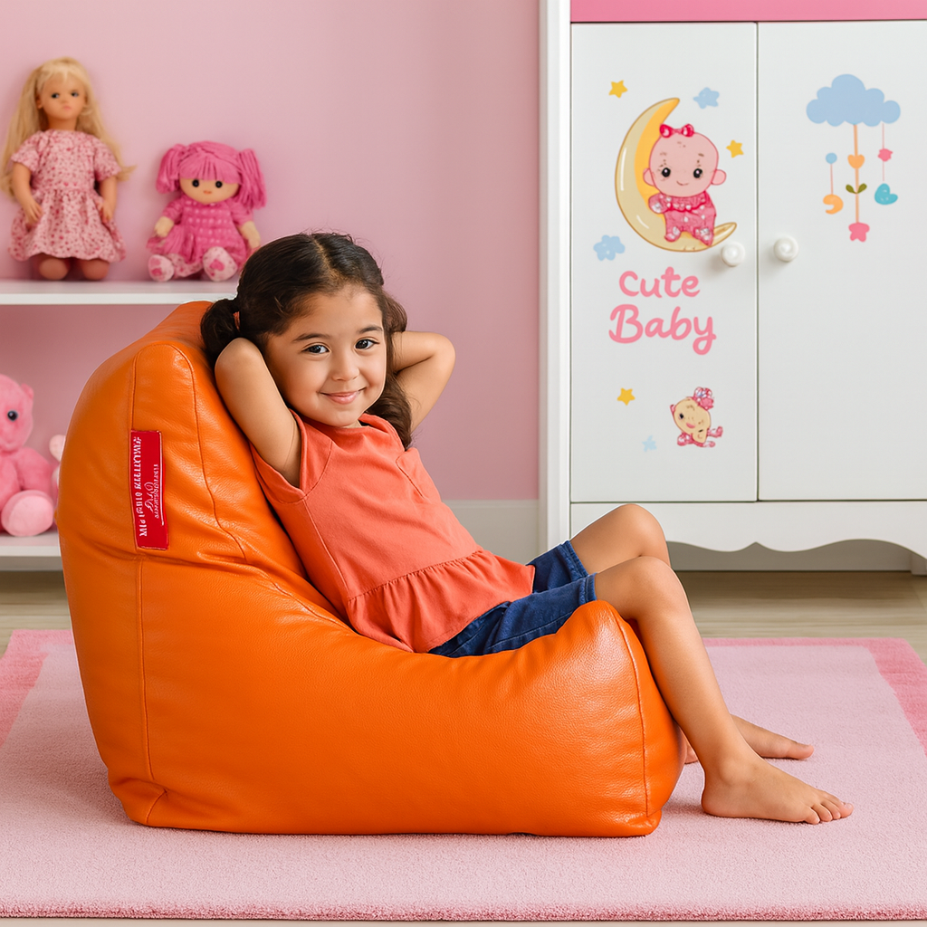 Style Homez Premium Leatherette Bean Bag L Size Chair Orange Color Filled with Beans Fillers