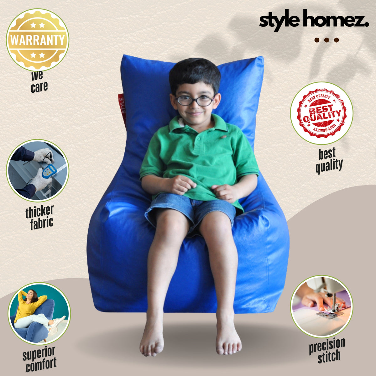 Style Homez Premium Leatherette XL Bean Bag Chair Royal Blue Color Filled with Beans Fillers