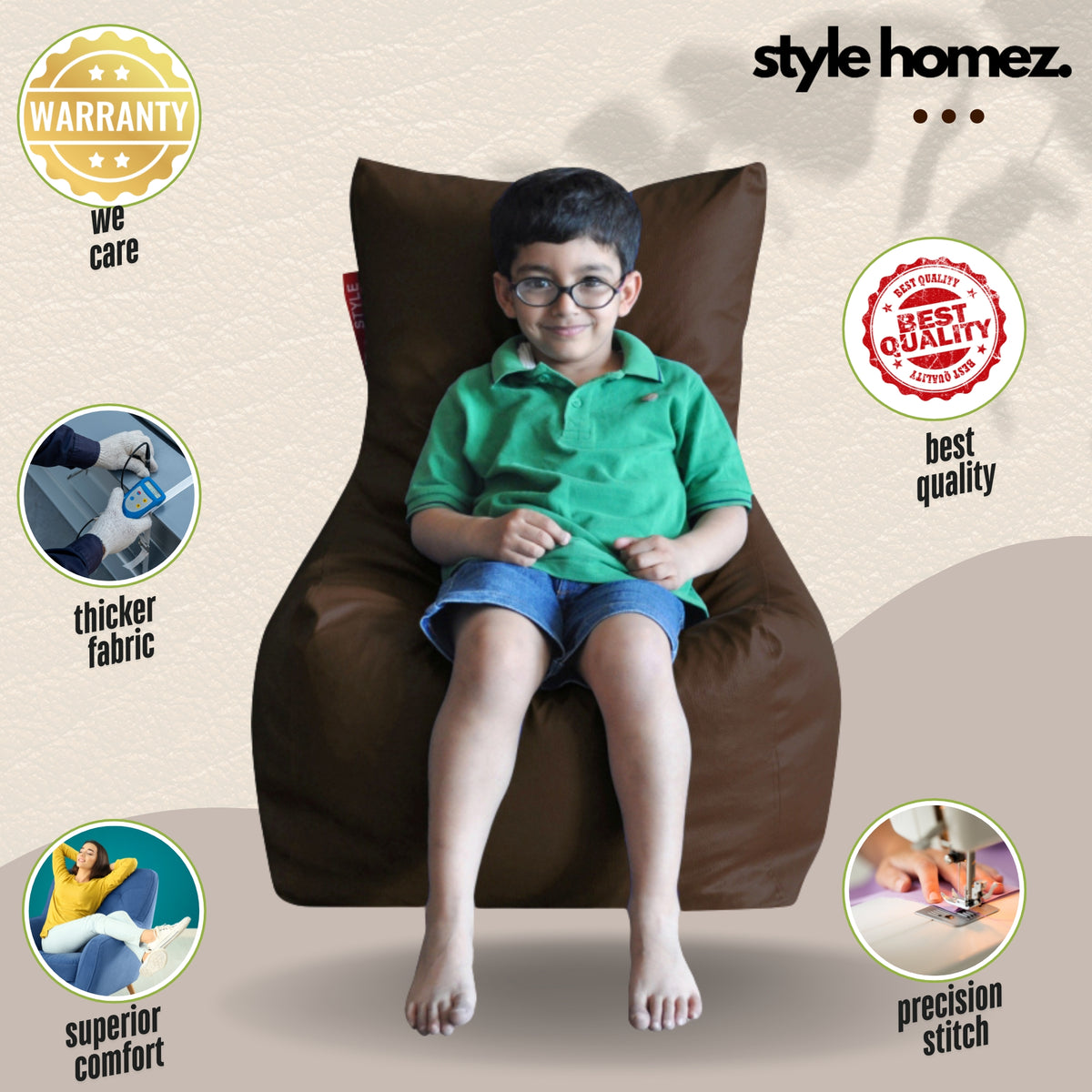 Style Homez Premium Leatherette XL Bean Bag Chair Choclate Brown Color Filled with Beans Fillers