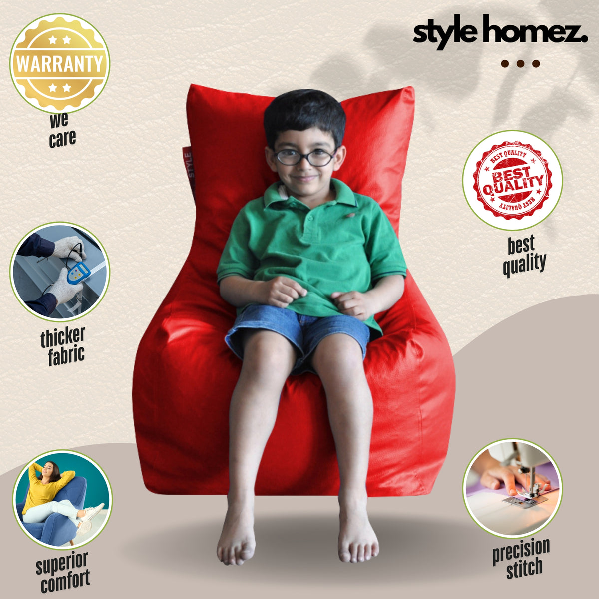 Style Homez Premium Leatherette XL Bean Bag Chair Red Color Filled with Beans Fillers
