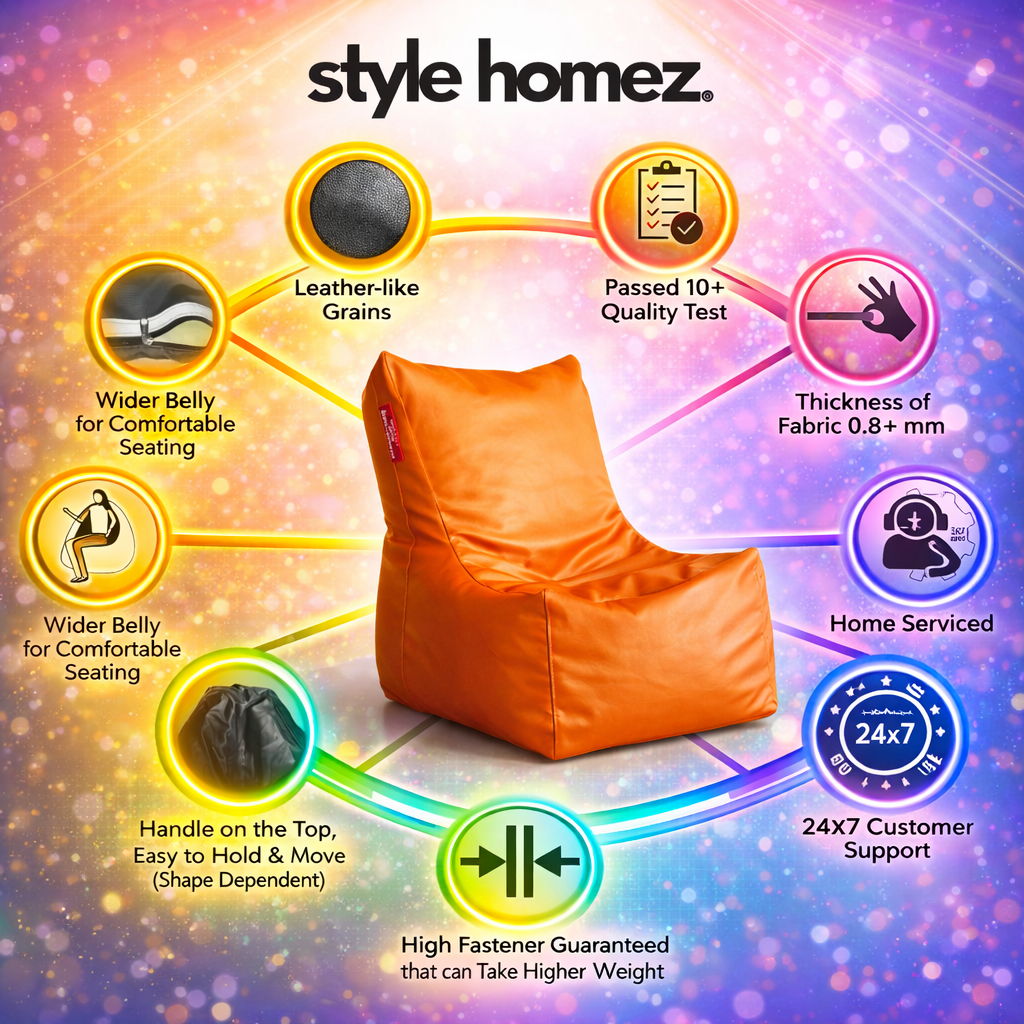 Style Homez Premium Leatherette XXL Bean Bag Chair Orange Color Filled with Beans Fillers