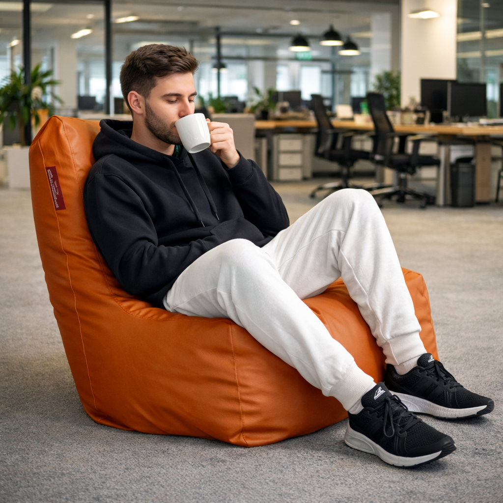 Style Homez Premium Leatherette XXL Bean Bag Chair Orange Color Filled with Beans Fillers