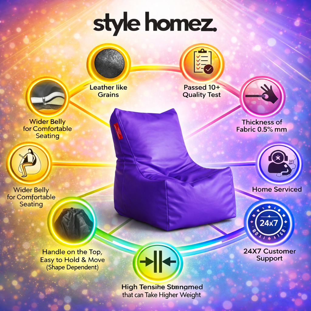 Style Homez Premium Leatherette XXL Bean Bag Chair Purple Color Filled with Beans Fillers