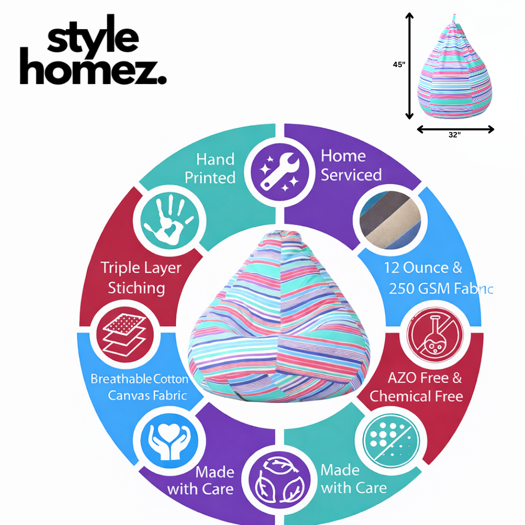 Style Homez Classic Cotton Canvas Stripes Printed Bean Bag Jumbo SAC Size with Bean Bag Refill Fillers