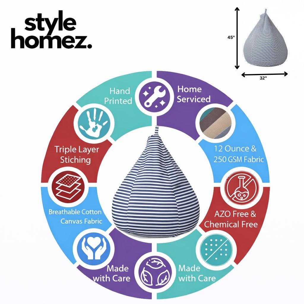 Style Homez Classic Cotton Canvas Stripes Printed Bean Bag Jumbo SAC Size with Bean Bag Refill Fillers
