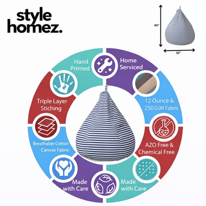 Style Homez Classic Cotton Canvas Stripes Printed Bean Bag Jumbo SAC Size with Bean Bag Refill Fillers