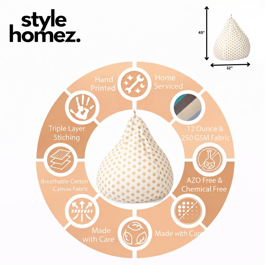 Style Homez Classic Cotton Canvas Polka Dots Printed Bean Bag Jumbo SAC  Size with Bean Bag Refill Fillers