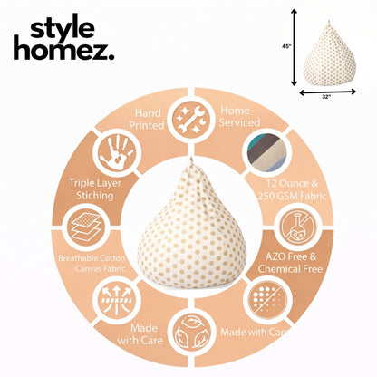 Style Homez Classic Cotton Canvas Polka Dots Printed Bean Bag Jumbo SAC  Size with Bean Bag Refill Fillers
