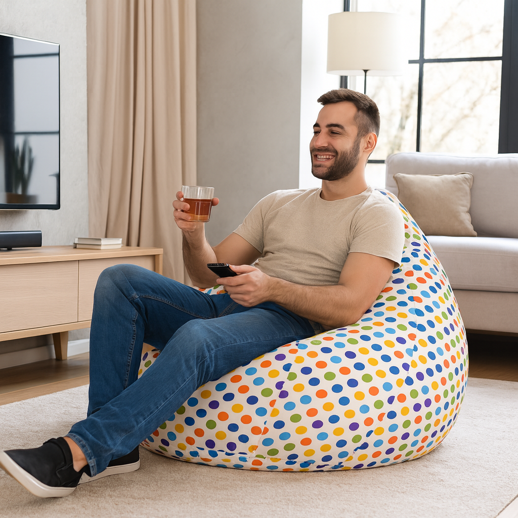 Style Homez Classic Cotton Canvas Polka Dots Printed Bean Bag Jumbo SAC  Size with Bean Bag Refill Fillers