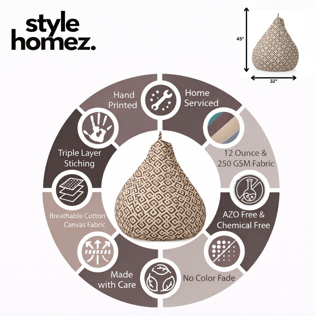 Style Homez Classic Cotton Canvas Geometric Printed Bean Bag Jumbo SAC Size with Bean Bag Refill Fillers