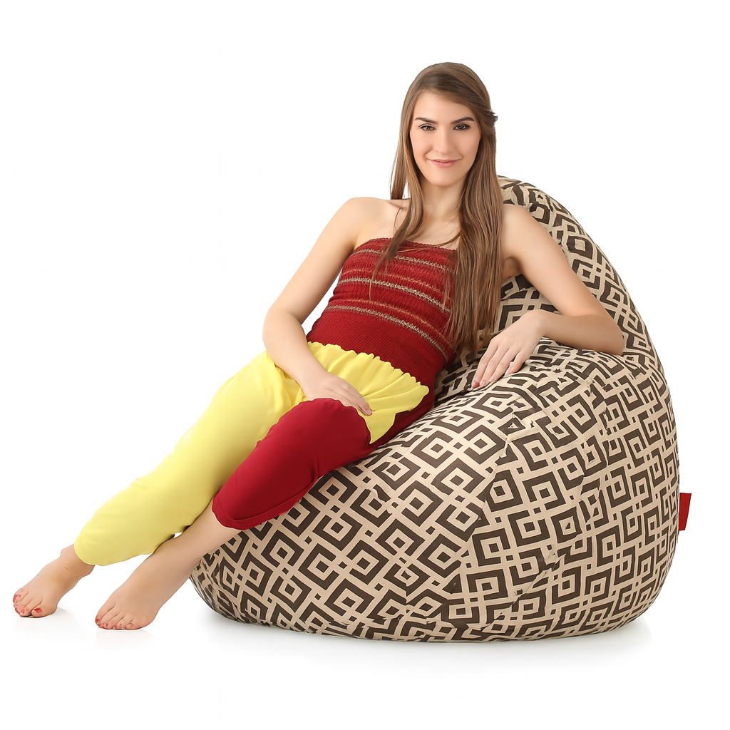 Style Homez Classic Cotton Canvas Geometric Printed Bean Bag Jumbo SAC Size with Bean Bag Refill Fillers