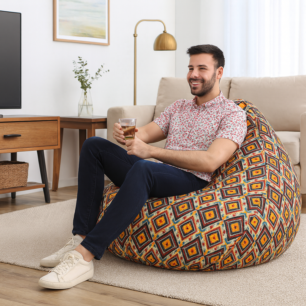 Style Homez Classic Cotton Canvas Geometric Printed Bean Bag Jumbo SAC Size with Bean Bag Refill Fillers