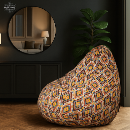 Style Homez Classic Cotton Canvas Geometric Printed Bean Bag Jumbo SAC Size with Bean Bag Refill Fillers