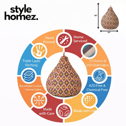 Style Homez Classic Cotton Canvas Geometric Printed Bean Bag Jumbo SAC Size with Bean Bag Refill Fillers