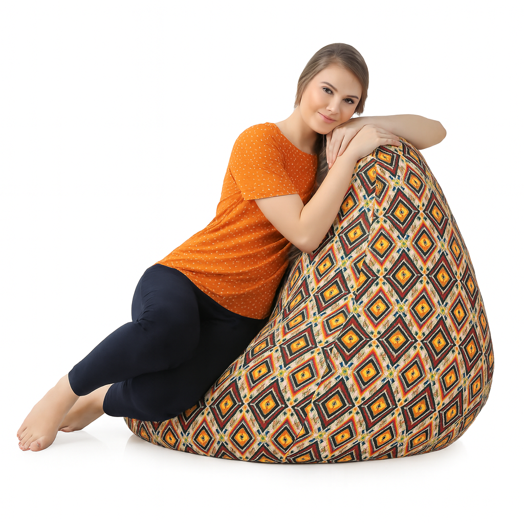 Style Homez Classic Cotton Canvas Geometric Printed Bean Bag Jumbo SAC Size with Bean Bag Refill Fillers