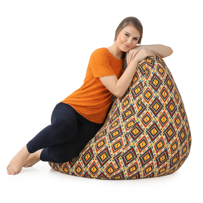 Style Homez Classic Cotton Canvas Geometric Printed Bean Bag Jumbo SAC Size with Bean Bag Refill Fillers