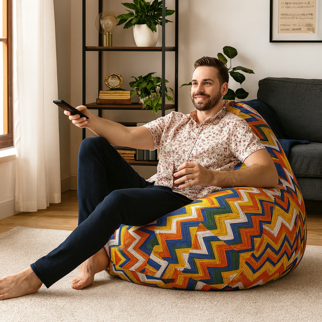 Style Homez Classic Cotton Canvas Geometric Printed Bean Bag Jumbo SAC Size with Bean Bag Refill Fillers