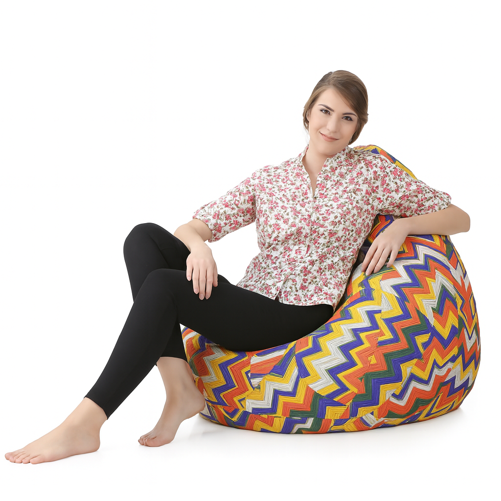 Style Homez Classic Cotton Canvas Geometric Printed Bean Bag Jumbo SAC Size with Bean Bag Refill Fillers