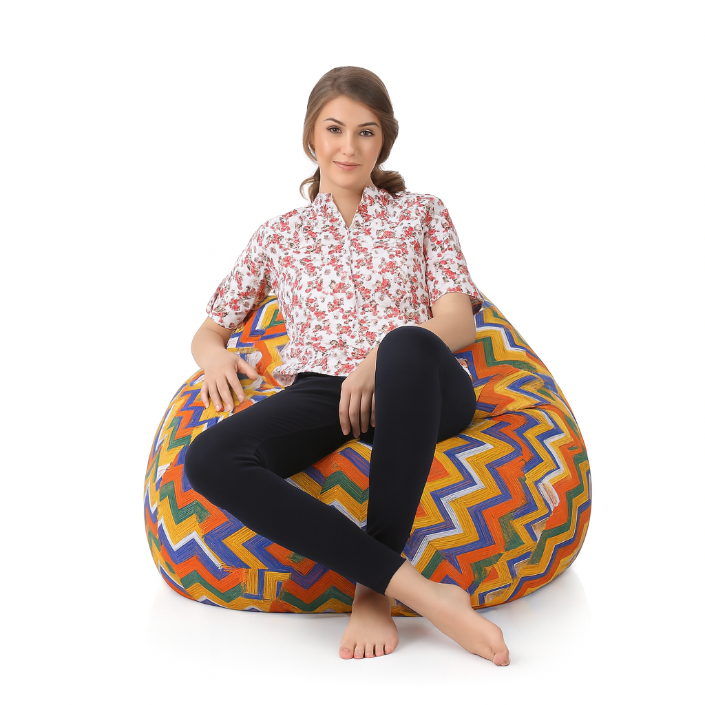 Style Homez Classic Cotton Canvas Geometric Printed Bean Bag Jumbo SAC Size with Bean Bag Refill Fillers