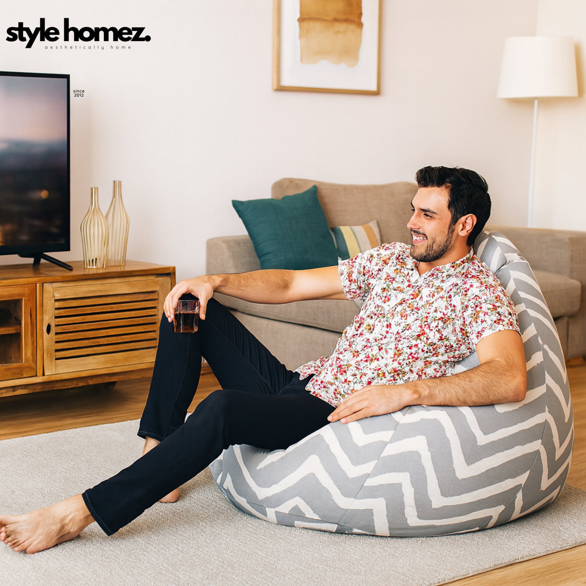 Style Homez CLASSIC BEAN BAG, Cotton Canvas Stripes Printed, Jumbo Size SAC, Cover Only