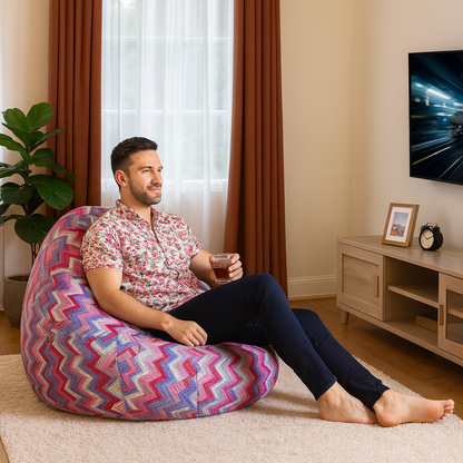 Style Homez Classic Cotton Canvas Geometric Printed Bean Bag Jumbo SAC Size with Bean Bag Refill Fillers