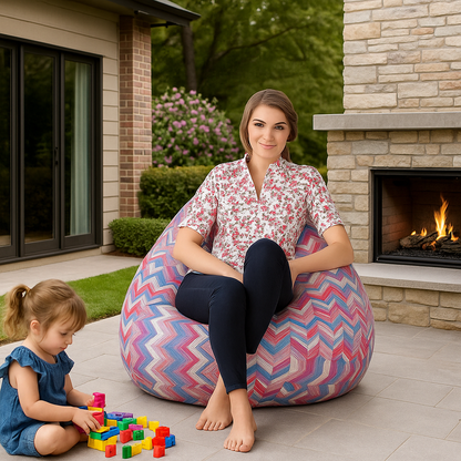 Style Homez Classic Cotton Canvas Geometric Printed Bean Bag Jumbo SAC Size with Bean Bag Refill Fillers