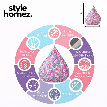 Style Homez Classic Cotton Canvas Geometric Printed Bean Bag Jumbo SAC Size with Bean Bag Refill Fillers