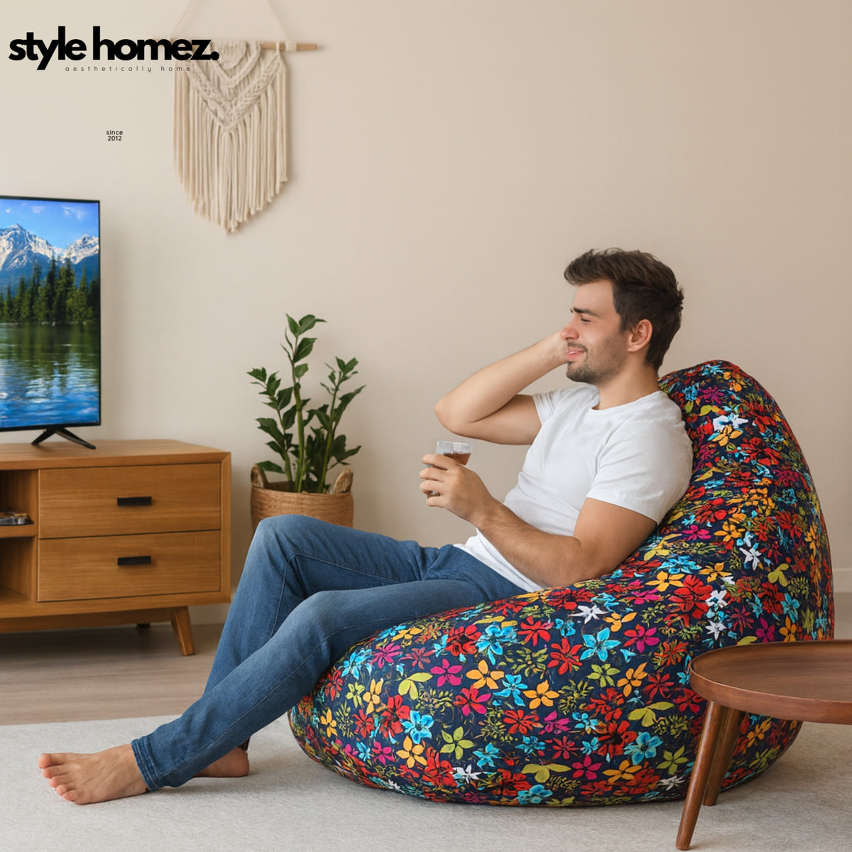 Style Homez CLASSIC BEAN BAG, Cotton Canvas Floral Printed, Jumbo Size SAC, Cover Only