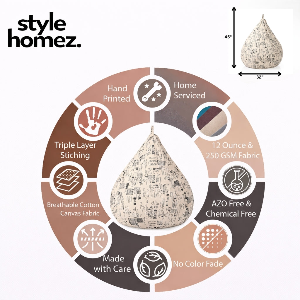 Style Homez Classic Cotton Canvas Abstract Printed Bean Bag Jumbo SAC Size with Bean Bag Refill Fillers