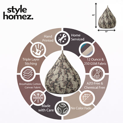 Style Homez Classic Cotton Canvas Camouflage Printed Bean Bag Jumbo SAC Size with Bean Bag Refill Fillers