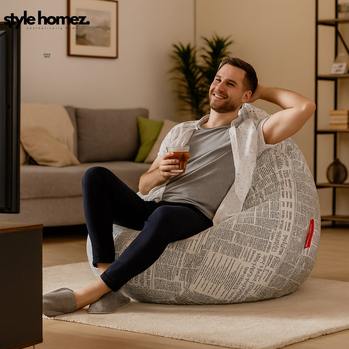 Style Homez CLASSIC BEAN BAG, Cotton Canvas Newspaper Printed, Jumbo Size SAC, Cover Only
