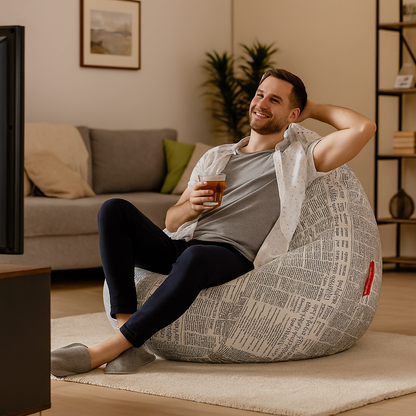 Style Homez Classic Cotton Canvas Newspaper Printed Bean Bag Jumbo SAC Size with Bean Bag Refill Fillers