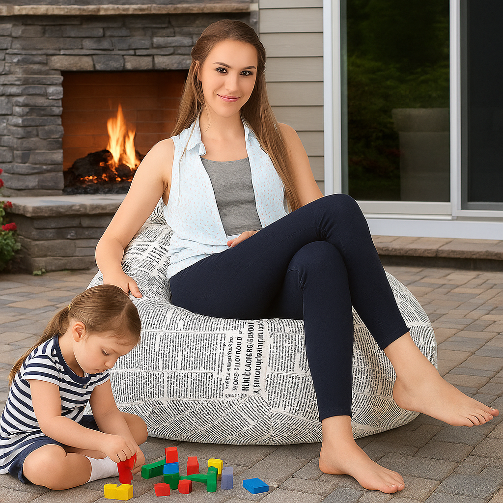 Style Homez Classic Cotton Canvas Newspaper Printed Bean Bag Jumbo SAC Size with Bean Bag Refill Fillers