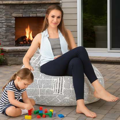 Style Homez Classic Cotton Canvas Newspaper Printed Bean Bag Jumbo SAC Size with Bean Bag Refill Fillers